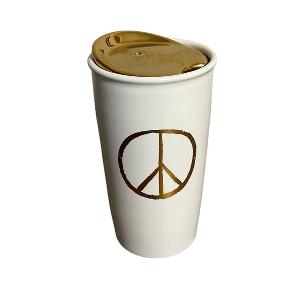 Starbucks White and Gold Peace Sign Ceramic Travel Mug - Picture 2 of 11